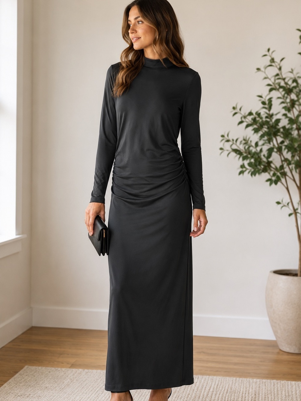 NWT LOFT Black Ruched Mock Neck Maxi Dress Long Sleeve Women’s Medium